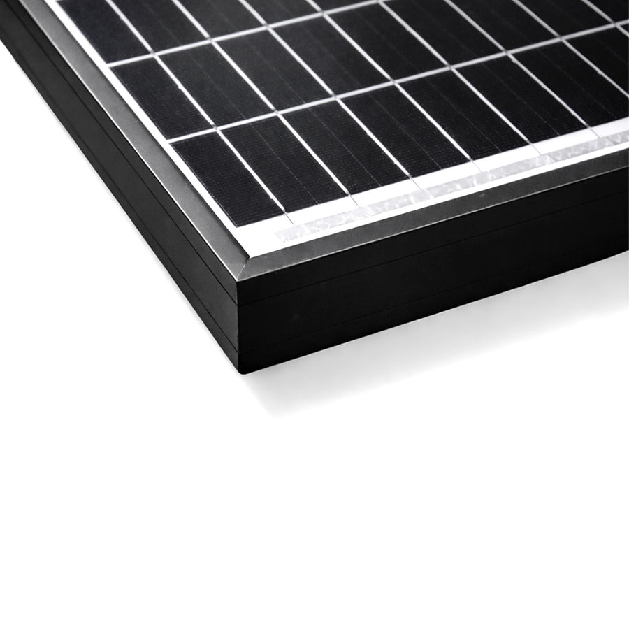 Close-up of a black anodised aluminium solar panel frame corner
