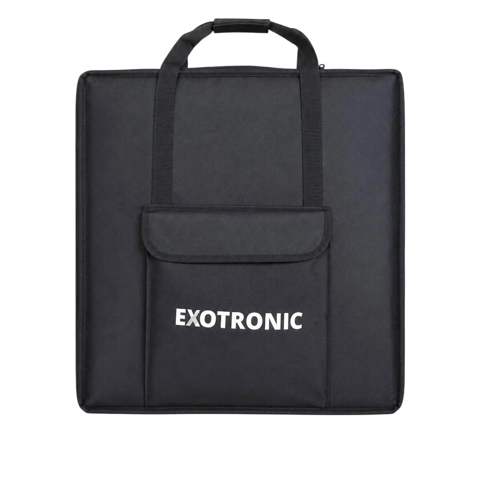 Black carry bag for solar panels with a top handle and a large front pocket