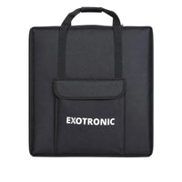 Black carry bag for solar panels with a top handle and a large front pocket
