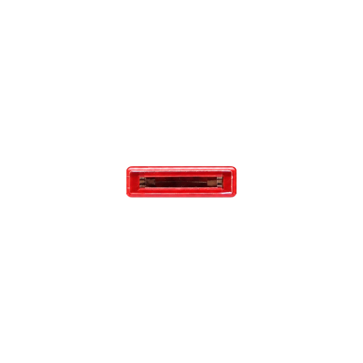 Top-down view of a red blade fuse focusing on the transparent inspection window