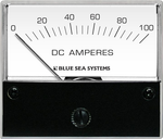 Front view of 0-100A DC analogue ammeter with white dial and black mounting face