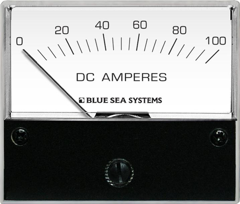 Front view of 0-100A DC analogue ammeter with white dial and black mounting face