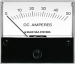 Front view of an analog 0-50A DC ammeter with a white face and black scale