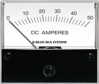 Front view of an analog 0-50A DC ammeter with a white face and black scale