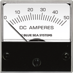 Front view of an analogue DC micro ammeter with a 0 to 50 Ampere scale