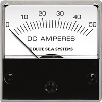 Front view of an analogue DC micro ammeter with a 0 to 50 Ampere scale