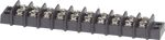 10-circuit terminal block with insulated black base and 20A rated silver screw terminals