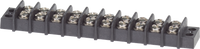 10-circuit terminal block with insulated black base and 20A rated silver screw terminals