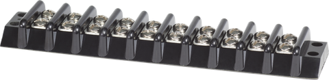 Black 10-circuit terminal block with nickel-plated brass screws and high-moulded barriers