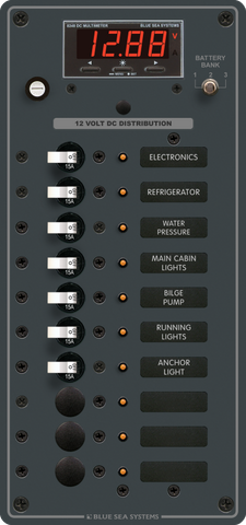 Blue Sea 10-position DC switch panel with digital multifunction multimeter and battery bank selector switch
