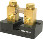 100A 50mV DC ammeter shunt with brass terminals and black insulated mounting base