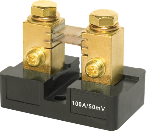 100A 50mV DC ammeter shunt with brass terminals and black insulated mounting base