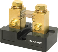 100A 50mV DC ammeter shunt with brass terminals and black insulated mounting base