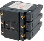 Blue Sea triple-pole 100A circuit breaker with flat rocker switch and rear stud terminals