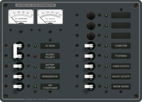 Blue Sea AC distribution panel with 230V 16A main breaker, 11 positions, and analog volt and amp meters