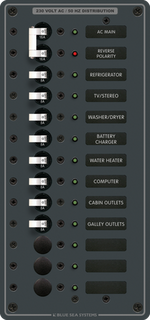 11-position AC distribution panel with 16A main breaker and backlit circuit labels