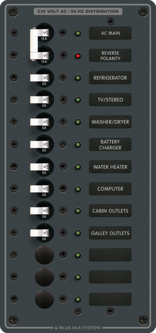 11-position AC distribution panel with 16A main breaker and backlit circuit labels
