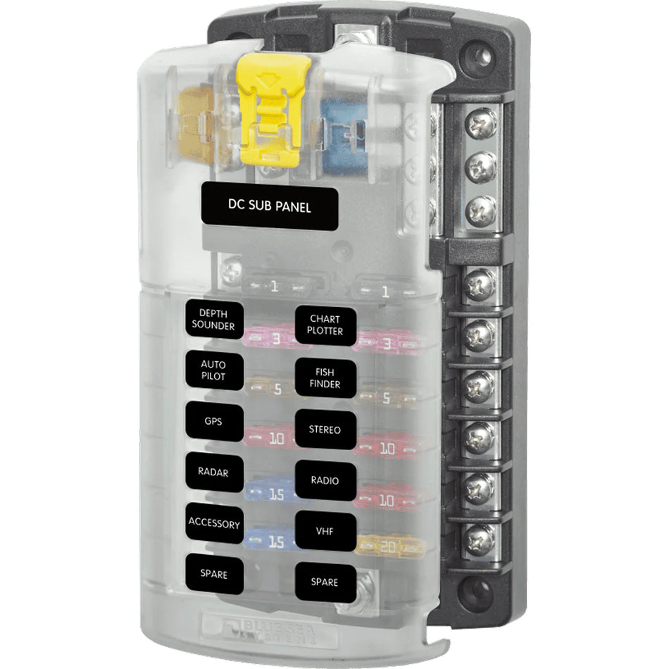 Blue Sea Systems 12-circuit blade fuse block with clear cover, labels and negative bus
