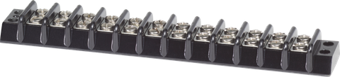 12-circuit 30A terminal block with black closed-back insulation and screw terminals