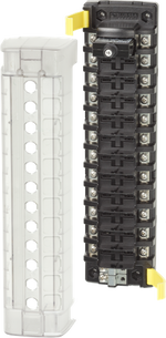 Blue Sea 12-position circuit breaker block with clear insulating cover and yellow mounting clips