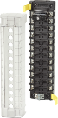 Blue Sea 12-position circuit breaker block with clear insulating cover and yellow mounting clips