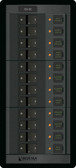 12-position 12V DC circuit breaker distribution panel with labelled rocker switches and LED indicators