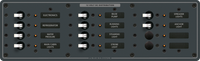 Blue Sea 12-position DC distribution panel with toggle switches, status LEDs and backlit circuit labels
