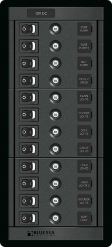 12-way vertical marine distribution panel featuring 10A push-button circuit breakers and rocker switches
