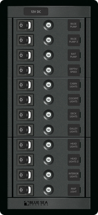 12-way vertical marine distribution panel featuring 10A push-button circuit breakers and rocker switches