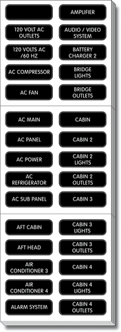Sheet of 120 black adhesive labels with white text for marine and RV AC electrical panels