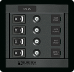 Blue Sea 12V 10A Panel 360 4-position square switch panel with rocker switches and circuit breakers