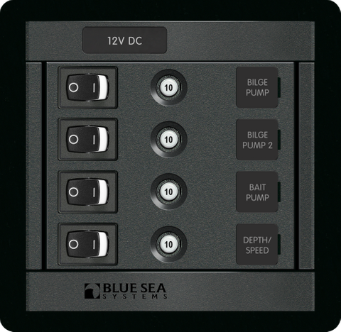 Blue Sea 12V 10A Panel 360 4-position square switch panel with rocker switches and circuit breakers