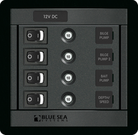 Blue Sea 12V 10A Panel 360 4-position square switch panel with rocker switches and circuit breakers