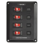 Front view of a black 4-position 12V DC circuit breaker panel with red rocker switches and labels