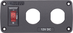 Front view of a Blue Sea 12V switch panel with one red circuit breaker and two circular blank positions