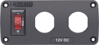 Front view of a Blue Sea 12V switch panel with one red circuit breaker and two circular blank positions
