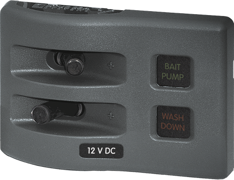 Gray 2-circuit marine fuse panel with backlit labels for bait pump and wash down showing LED status indicators