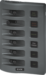 Grey 12V 6-circuit marine fuse distribution panel with backlit labels and bicolored LED status indicators