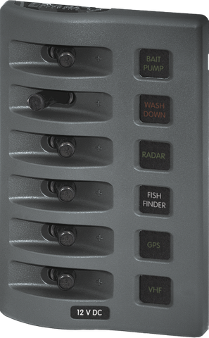 Grey 12V 6-circuit marine fuse distribution panel with backlit labels and bicolored LED status indicators