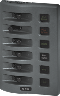Grey 12V 6-circuit marine fuse distribution panel with backlit labels and bicolored LED status indicators