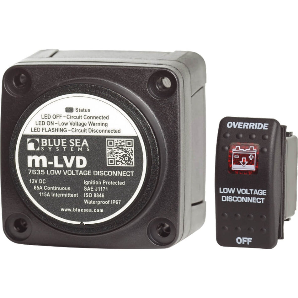 Blue Sea m-LVD low voltage disconnect unit and remote rocker switch with status LED