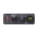 12V below-deck switch panel with illuminated 15A circuit breaker, 12V socket, dual USB ports and digital voltmeter