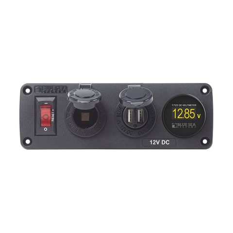 12V below-deck switch panel with illuminated 15A circuit breaker, 12V socket, dual USB ports and digital voltmeter