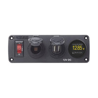 12V below-deck switch panel with illuminated 15A circuit breaker, 12V socket, dual USB ports and digital voltmeter