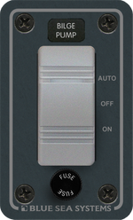 Front view of Blue Sea Contura fused bilge pump switch panel with Auto, Off, and On settings