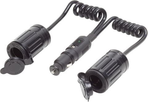 Double 12V extension socket lead with coiled cables and protective caps