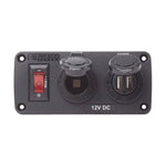 Blue Sea below-deck switch panel with red circuit breaker switch, SOC monitor socket, and dual USB ports