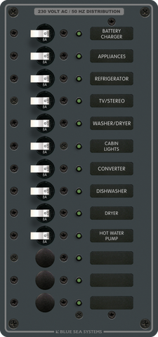 Blue Sea 13-position 230V AC distribution panel with 10 fitted 8A circuit breakers and LED indicators