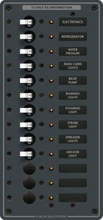 Blue Sea 13 position 12V DC distribution panel with toggles, backlit labels and LED indicators