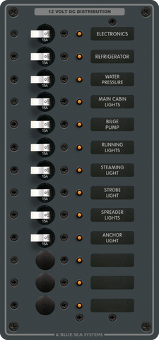 Blue Sea 13 position 12V DC distribution panel with toggles, backlit labels and LED indicators